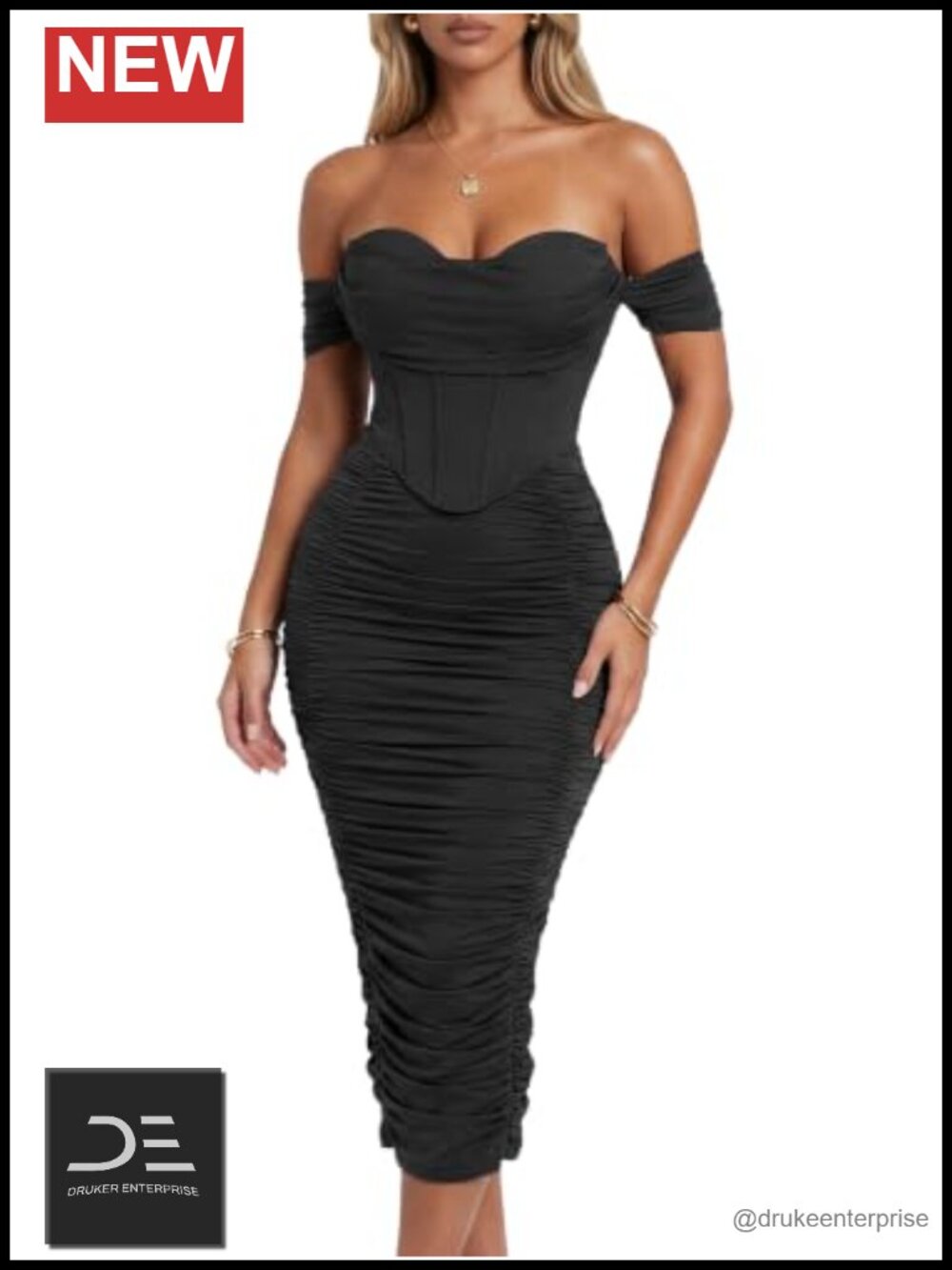 Off Shoulder Faux-Corset Ruched Midi Dress Built-in Bra Mesh Cocktail
